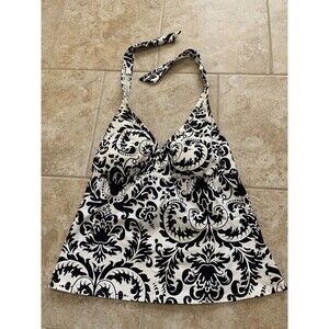 LANDS END WOMENS TAKINI SWIMSUIT TOP SIZE 10 BLACK FLORAL HALTER STYLE